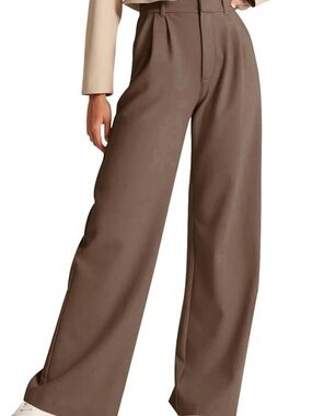 High-Waist Pleated Women's Business Casual Pants in Brown Size S